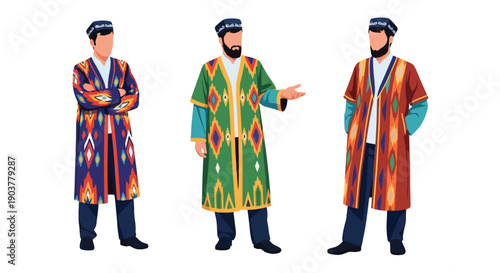 Vector set collections of Uzbek men wearing atlas silk coat and doppa hat, showing Central Asian heritage and artisan culture