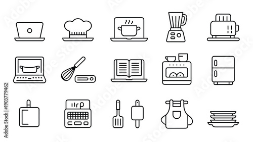 Kitchen appliance icons set cooking related elements like laptop chef hat blender toaster refrigerator whisk