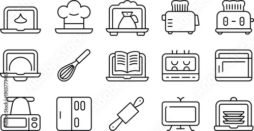 Cooking and kitchen icons set with laptop chef hat oven toaster refrigerator whisk rolling pin and apron