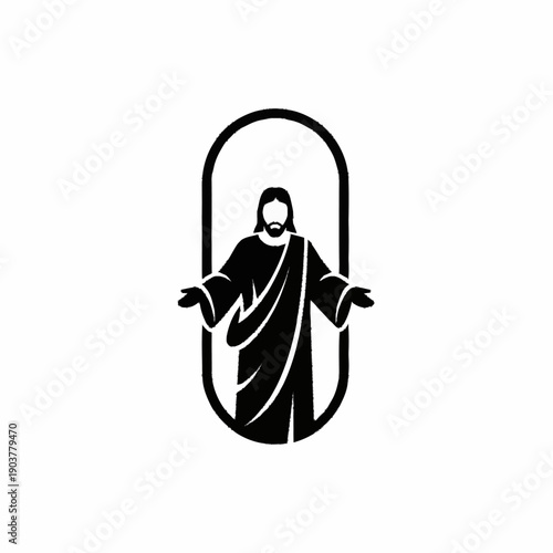 Jesus Christ Silhouette Embracing Open Arms Within Oval Frame.
