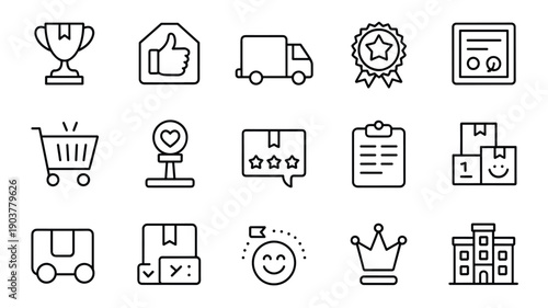 Customer satisfaction and service quality icons trophy thumbs up delivery truck award certificate shopping cart