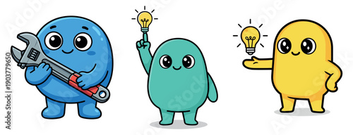 Cartoon mascot character set with wrench tool and lightbulb ideas, vector illustration icons for engineering and innovation on transparent background
