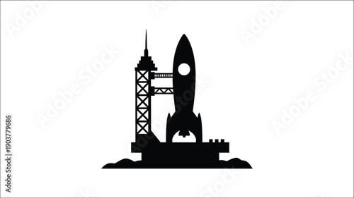 Rocket launching from a spaceport detailed black silhouette