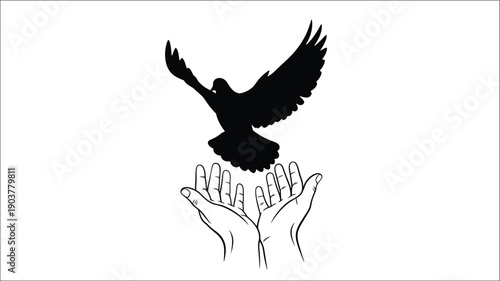 A hand gently cradling a flying dove a striking silhouette