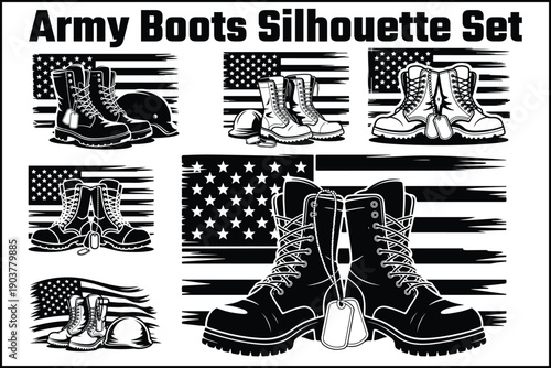 Army Boots Silhouette Vector Set