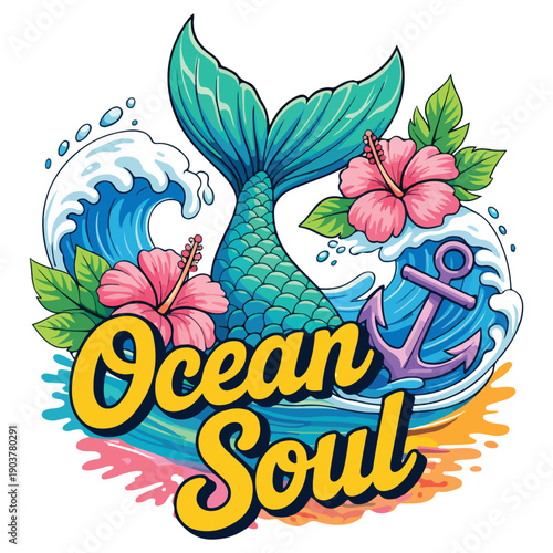 Ocean Soul Tropical Mermaid Tail Vector with Summer Beach Typography t-shirt design eps file