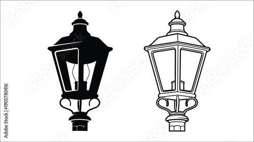 Two ornate street lamps one in black and one in white silhouette