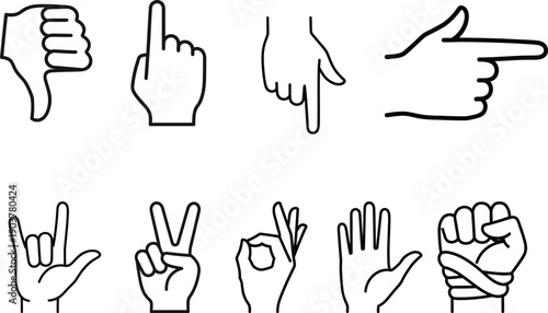 A collection of hand gestures in sign language conveying various emotions and directions