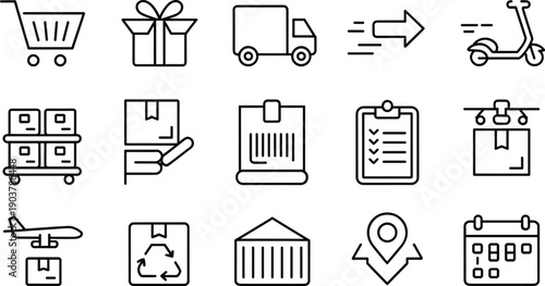 Assortment of delivery and logistics outline icons on transparent background for e-commerce