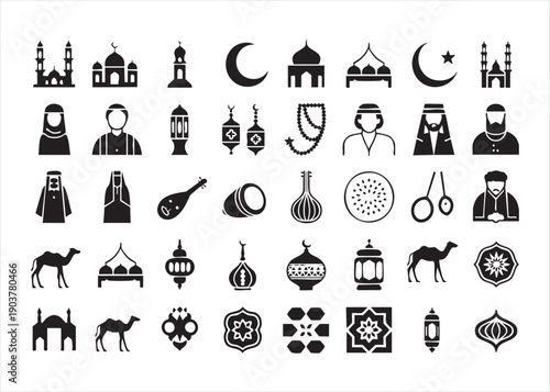 Islamic cultural symbols, buildings, people and objects set