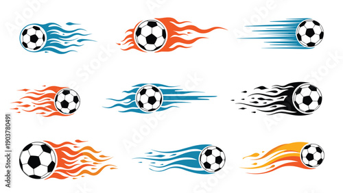 Various designs of soccer balls with fiery flame trails and dynamic speed lines in different colors representing power and fast motion.