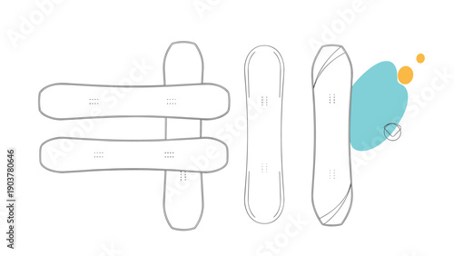 Outlined silhouettes of four different snowboard shapes arranged vertically and horizontally with abstract blue and orange shapes on white.