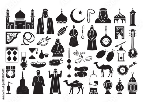 Islamic culture and ramadan tradition collection with mosque crescent moon camel and arabian people