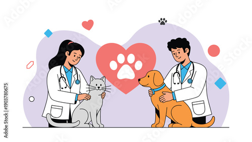 Male and female veterinarians in white coats caring for a grey cat and an orange dog in a friendly clinic with a large heart symbol.