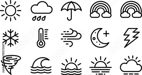 Meteorology and weather forecast icons set showing sun rain clouds umbrella snow wind moon and thunderstorm symbols