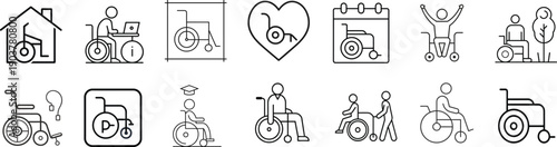 Wheelchair and disability accessibility outline icon set, handicapped person mobility and medical care symbol, rehabilitation vector illustration with editable stroke.