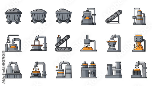 Set of industrial icons showing mining carts, furnaces, conveyor belts, and factory buildings for manufacturing and resource processing.