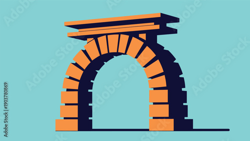 Stylized orange stone archway with a heavy top lintel casting a deep shadow against a solid bright blue background in a graphic style.