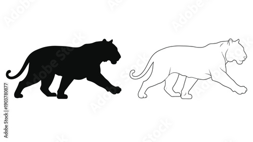 Two tiger depictions one black and one white in profile silhouette