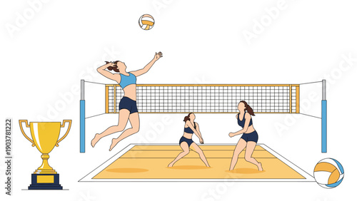 Energetic beach volleyball match showing female players in action on a sand court with a championship trophy and balls in the corners.