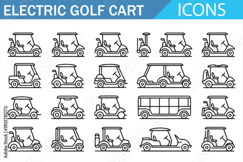 Electric golf buggy icons for sport resort and mobility concepts