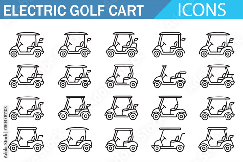 Electric golf cart icon set in outline style featuring multiple cart variations for golf course transport, resort mobility, eco vehicle concepts, navigation symbols and transportation design projects