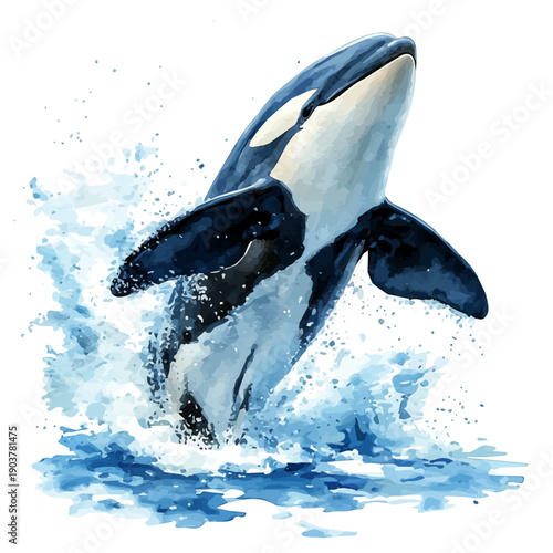 Orca Close Up, watercolor clipart vector, isolated on a white background.