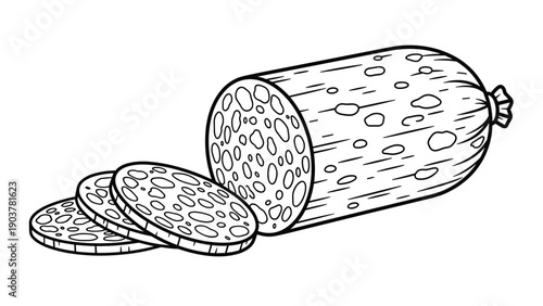 Black and white line art of a whole salami sausage with three thin slices cut from the end showing the interior texture and marbling.