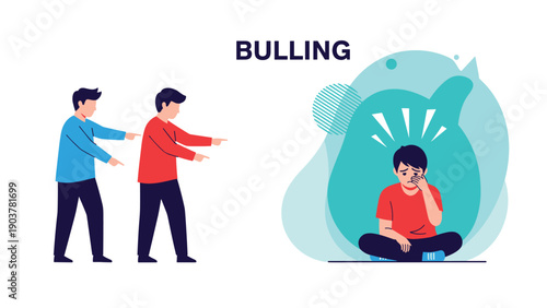Powerful illustration depicting social bullying with two people pointing fingers at a sad boy sitting alone on the ground.