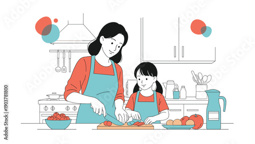 Happy mother and her young daughter wearing aprons while chopping vegetables together on a cutting board in a modern kitchen.