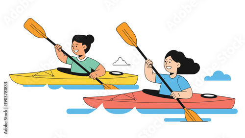 Two cheerful young women enjoying a day of kayaking in yellow and red boats with paddles on a calm sea with clouds in the sky.