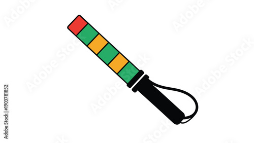 Handheld multicolored signal wand featuring segments of red, green, and orange light with a black handle and a safety wrist strap.