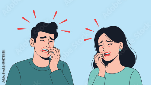 Emotional illustration of a young man and a woman both crying and holding their faces expressing deep sadness or physical pain.