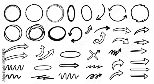 Big collection of sketchy hand drawn circles, ovals, and arrows in black ink for creative and informal design layouts.