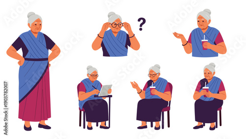 Character design of an elderly Indian grandmother in a blue and purple saree shown in different active and thoughtful poses.