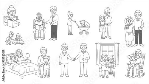 Grandparent–Grandchild Bonding Moments, Family Love and Care Line Art Illustration Set
