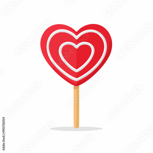 Heart-shaped lollipop with layered design on a stick viewed from the front
