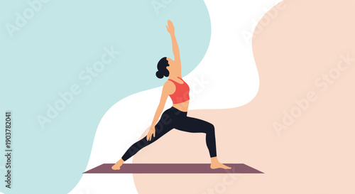 Minimalist illustration of a woman practicing yoga in a warrior pose against an abstract blue and peach background for wellness.