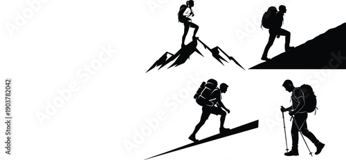 Silhouettes of hikers with backpacks on mountains, representing adventure and exploration