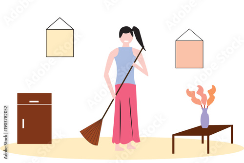 Girl Sweeping House. Cleaning Activity Illustration Art.