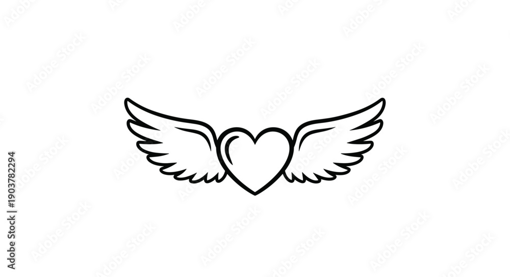 Obraz premium Simple black and white line art illustration of a heart with outstretched wings symbolizing love and freedom.
