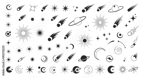 Comprehensive collection of celestial symbols including stars, crescent moons, comets, and planets in black silhouette.