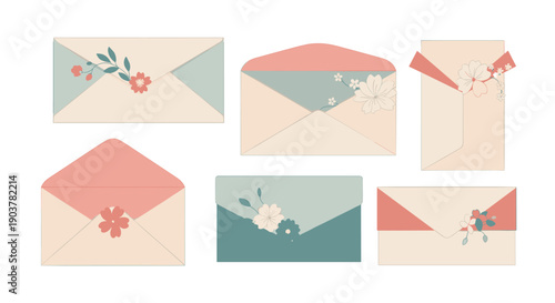 Various styles of elegant envelopes decorated with delicate floral motifs and ribbons in a soft pastel color palette.