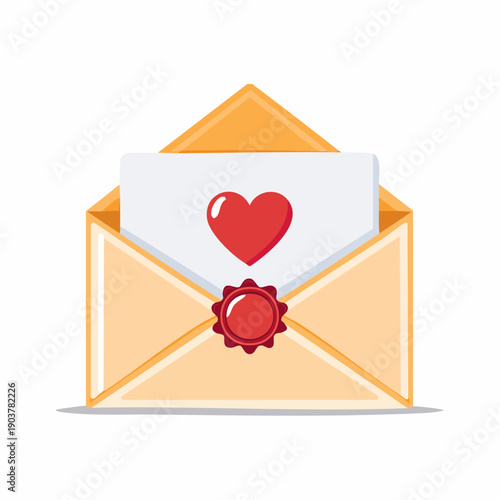 An open envelope with a letter inside displaying a red heart symbol and sealed with a wax stamp