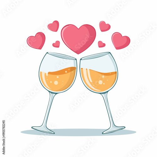 Two wine glasses toasting with orange liquid and surrounded by hearts, symbolizing love and celebration in a romantic illustration