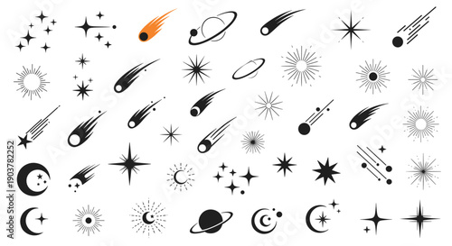 Vast collection of space themed icons like stars, planets with rings, comets, and moon phases in black and orange.