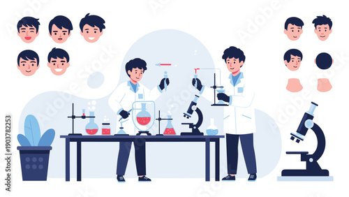 Young male scientists in white coats conducting chemical experiments using microscopes and flasks in a modern laboratory setting.