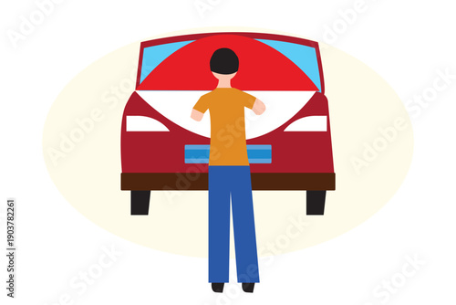 Man Checking Vehicle Fault. Car Maintenance Illustration Art.
