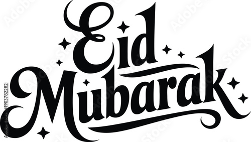 Eid Mubarak Celebration Typography: Elegant Black Cursive Script Vector Lettering with Decorative Stars for Islamic Religious Greetings and Design
