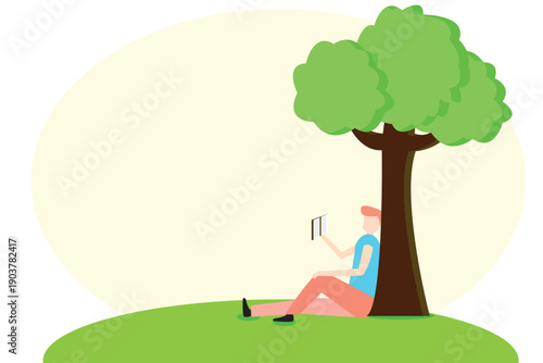 Person Reading Book Under Tree. Peaceful Nature Illustration Art.